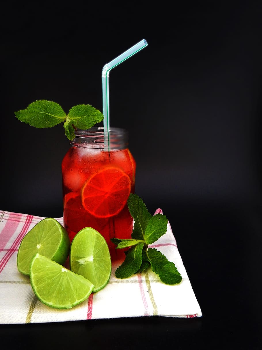fruit juice, jar, stray, fruit punch, drink, mojito, cherry, leaf, food and drink, plant part
