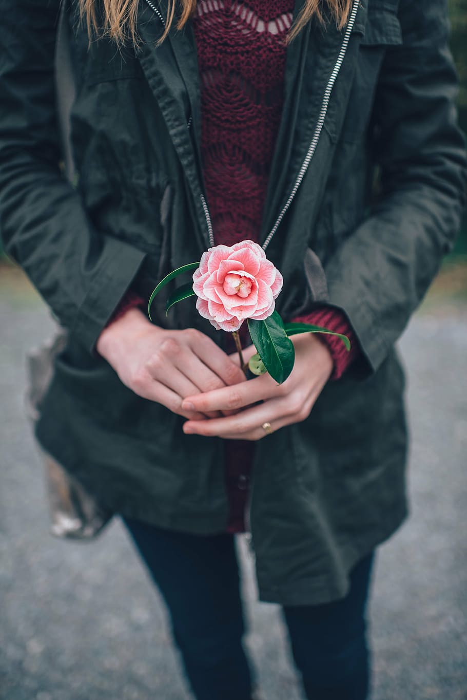 photography, woman, black, jacket, holding, pink, flower, rose, holding flower, hands