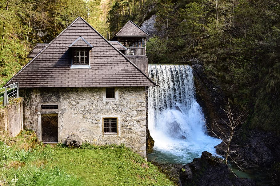 time lapse photography, plunge waterfalls, 2-storey, 2- storey house, house, river, flowing, waterfall, nature, alps