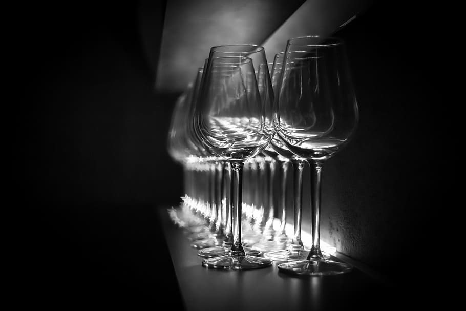 clear, wine glasses, display, glasses, bar, dark, wine glass, by looking, perspective, glass