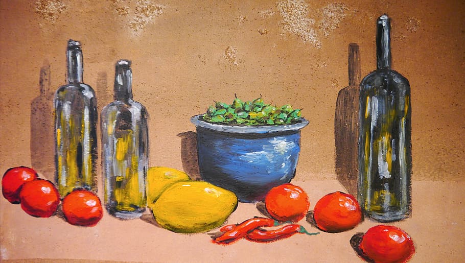 variedad, frutas, tres, botellas de pintura, arte, imagen, naturaleza muerta, pintura, comida y bebida, botella
