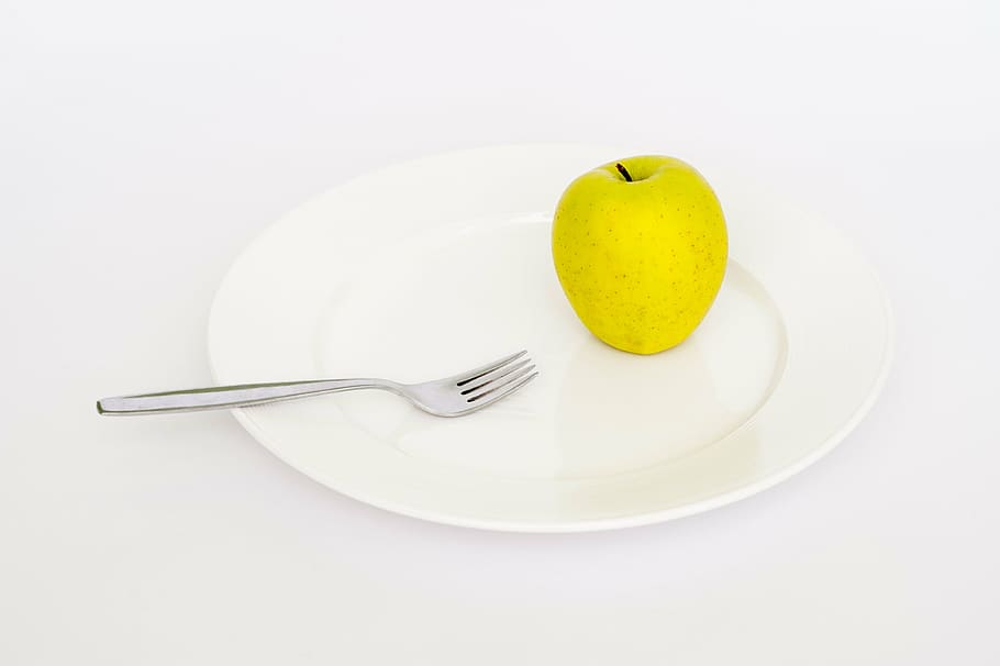 white, ceramic, plate, silver fork, apple, fork, diet, health, weight, healthy