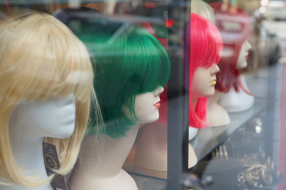 wigs, display, mannequin, head, form, color, storefront, chinatown, street, art
