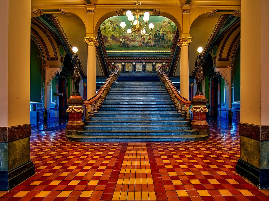 turned on chandelier, des moines, iowa, state capitol, government, inside, interior, indoors, grand staircase, stairway