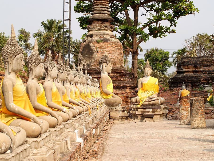 Ayutthaya, Thailand, Etnis, patung, oriental, perjalanan, wat, tengara, budaya, cerah