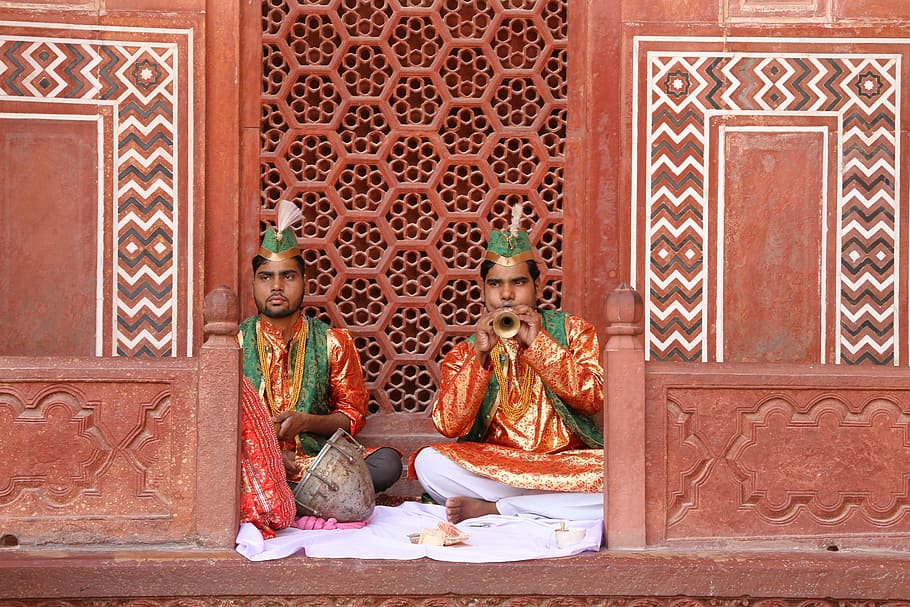 two, male, sitting, front, door, taj mahal, india, people, music, cultures