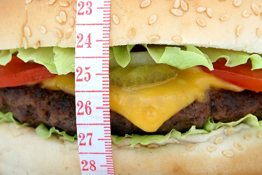 hamburger sandwich, tape measure, appetite, beef, big, bread, bun, burger, calories, cheese