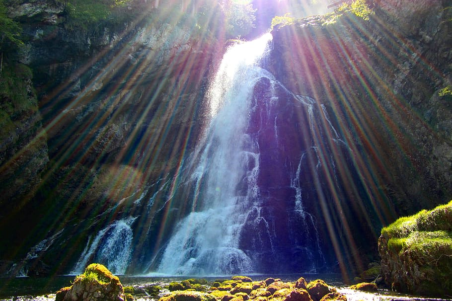waterfall, light beam, water, nature, landscape, lighting, sunlight, atmosphere, scenics - nature, beauty in nature