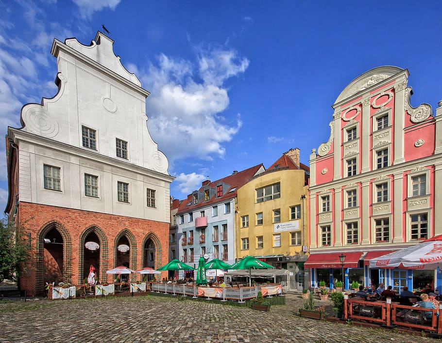 盛り合わせ色, 塗装, 曇り, 空, シュチェチン, ポーランド, 町, 建物, 建築, 人々