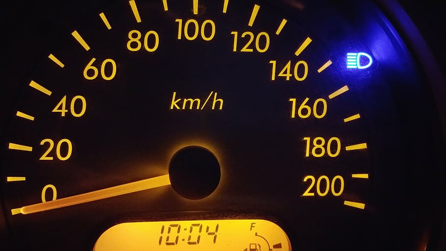 black, yellow, speedometer, car, dashboard, glow, night, odometer, orange, speed