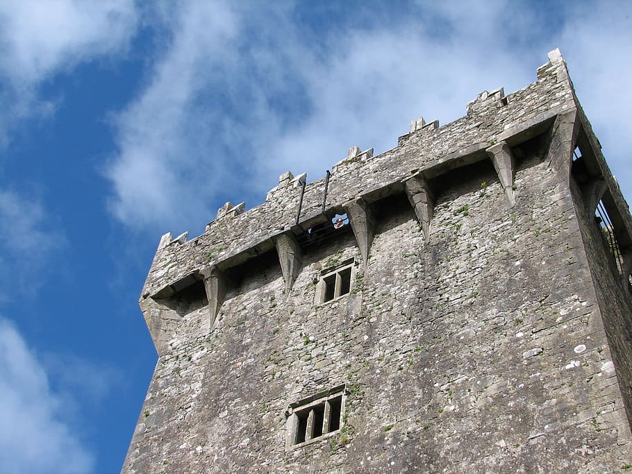 gray, concrete, building, white, clouds, blue, sky, castle, blarney, ireland