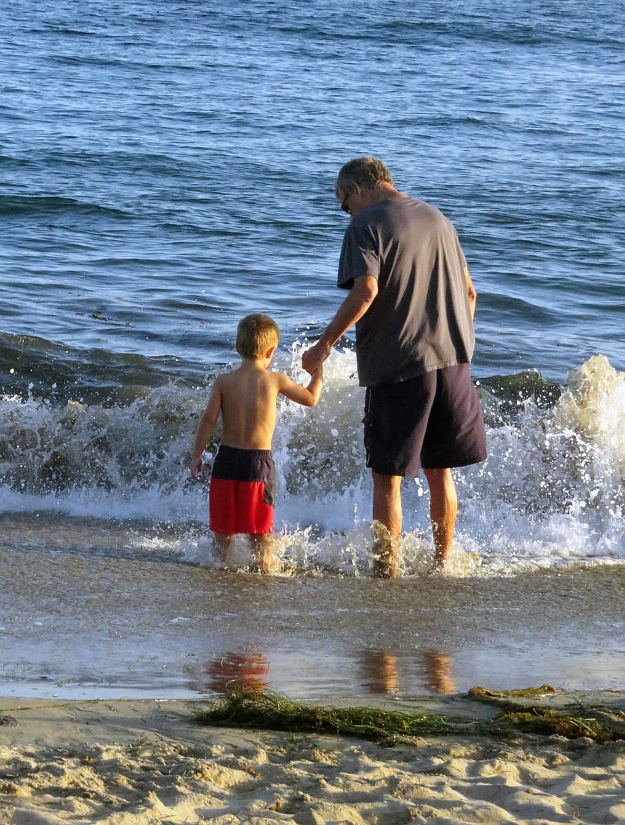 Hombre, niño, orilla del mar, abuelo, playa, nieto, jugar, vacaciones, mar, senior