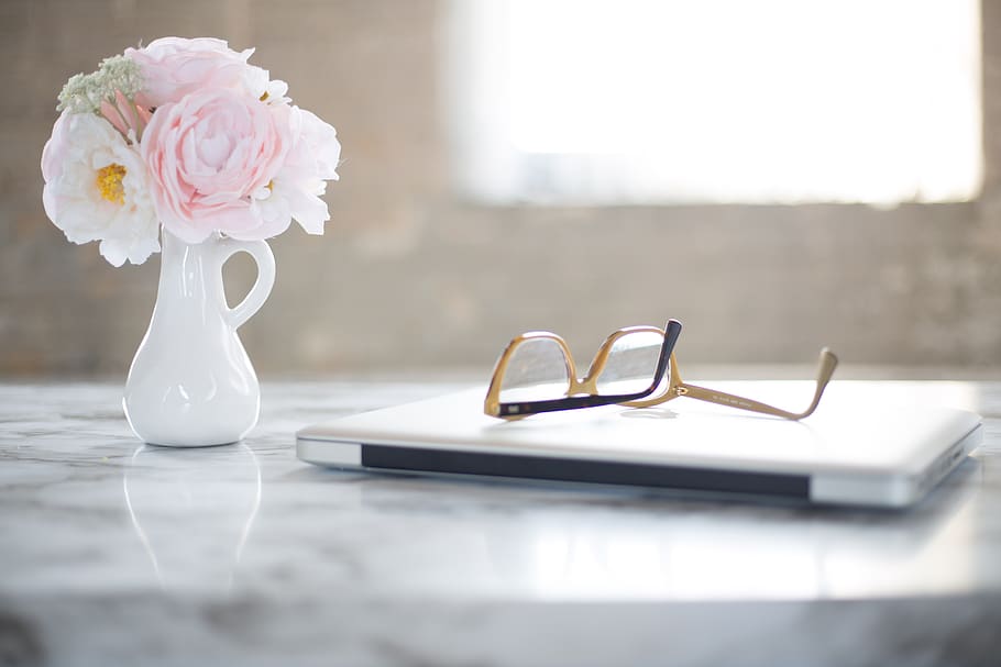 reading, glasses, desk, laptop, flowers, office, table, marble, interior, window