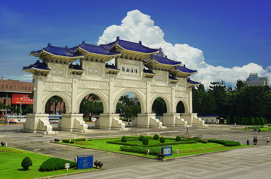 aéreo, foto, punto de referencia, foto aérea, cuadrado de la libertad, sala conmemorativa de chiang kai-shek, taipei, taiwán, puerta, viaje