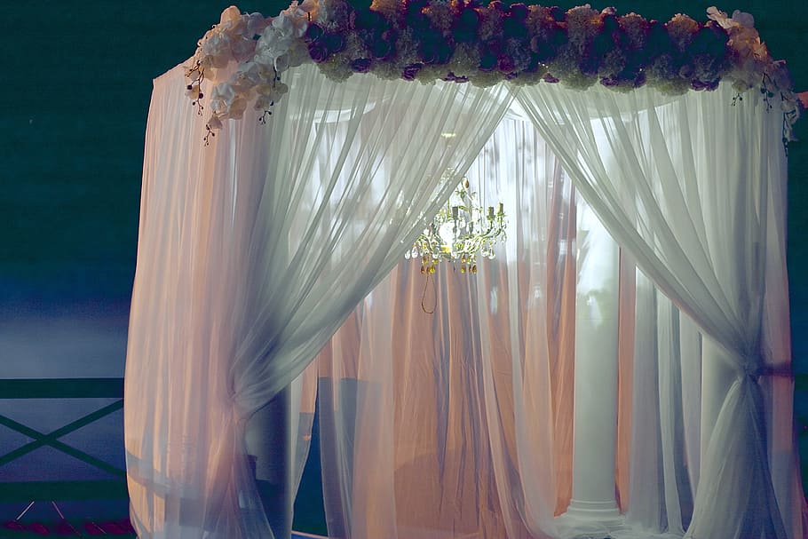 selective, focus, photographed, white, sheer, drape curtain, curtain, chandelier, light, night
