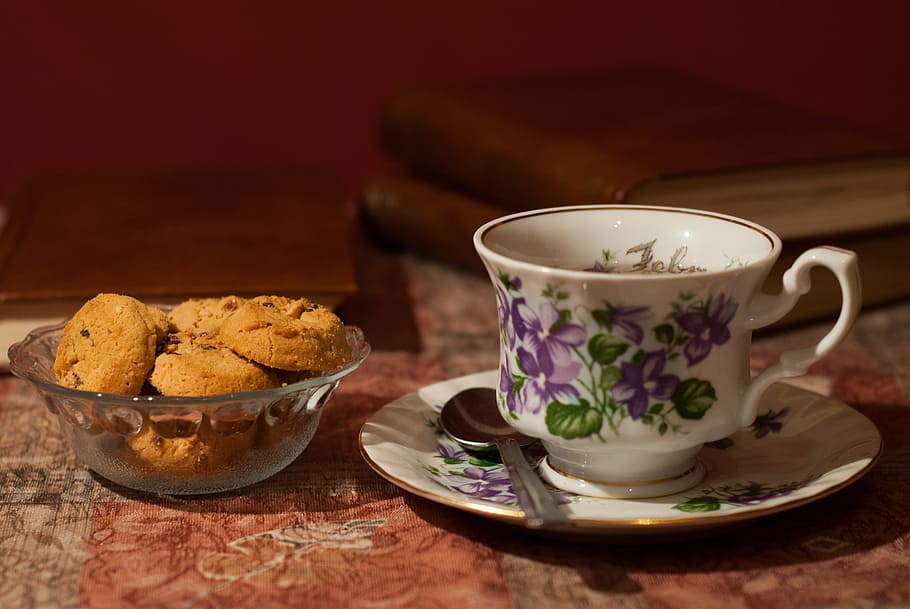 white, purple, floral, ceramic, tea cup, Cookies, Tea Time, Cup, Teapot, tea
