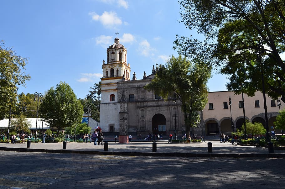 church, coyoacan, mexico city, architecture, built structure, building exterior, tree, building, sky, place of worship