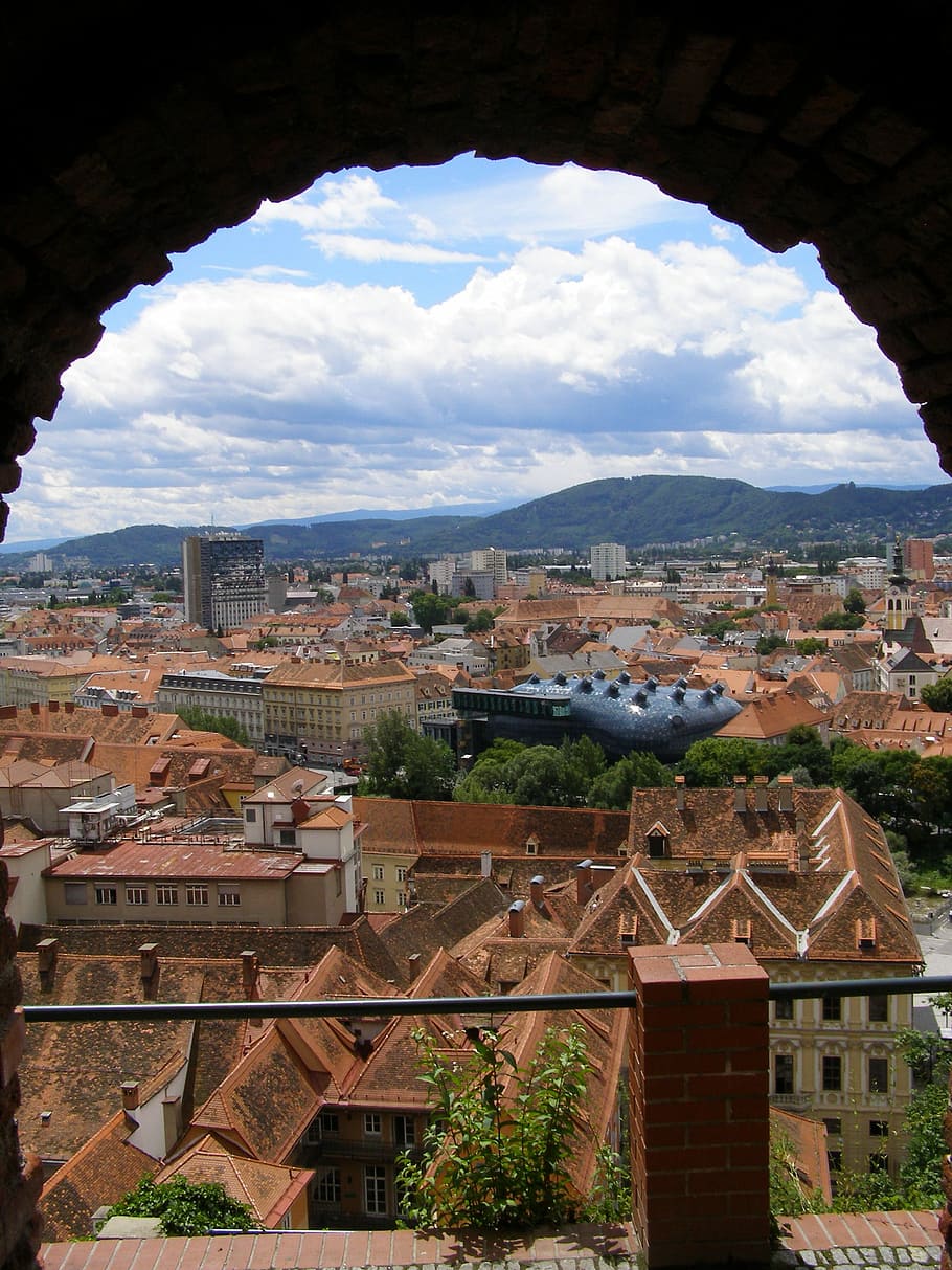 Graz, City, Old Town, Panorama, Archway, roofs, austria, styria, mountain, architecture