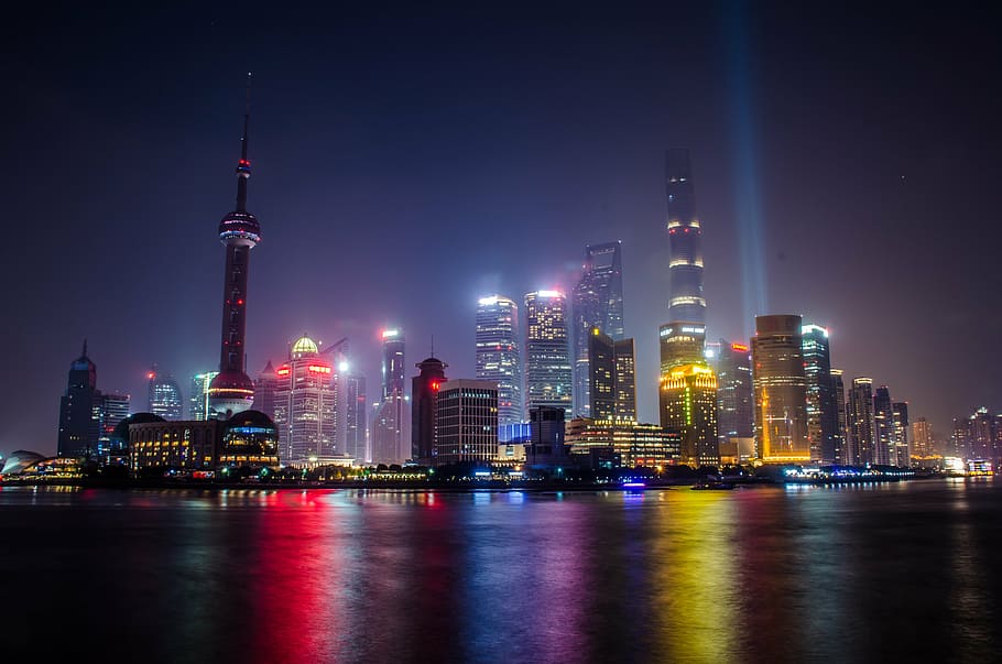 vista lateral de la ciudad, noche, shanghai, paisaje urbano, luz, tarde, edificio, asia, pudong, horizonte urbano