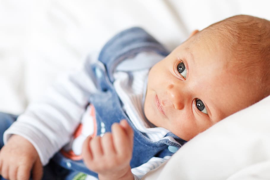 shallow, focus photo, baby, blue, white, footies, sweater, dungaree, adorable, boy