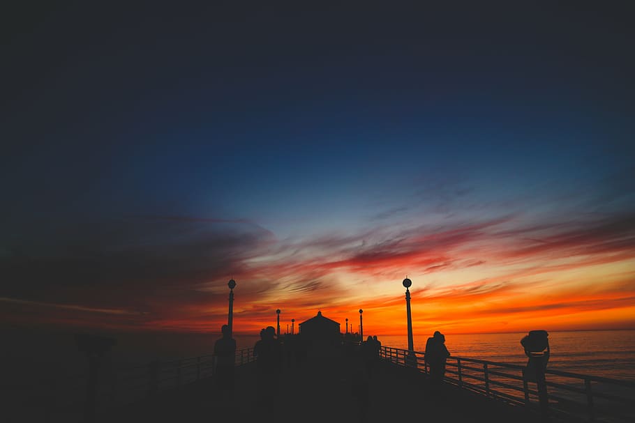 silhouette, people, standing, dock, golden, hour, bridge, sky, clouds, sea