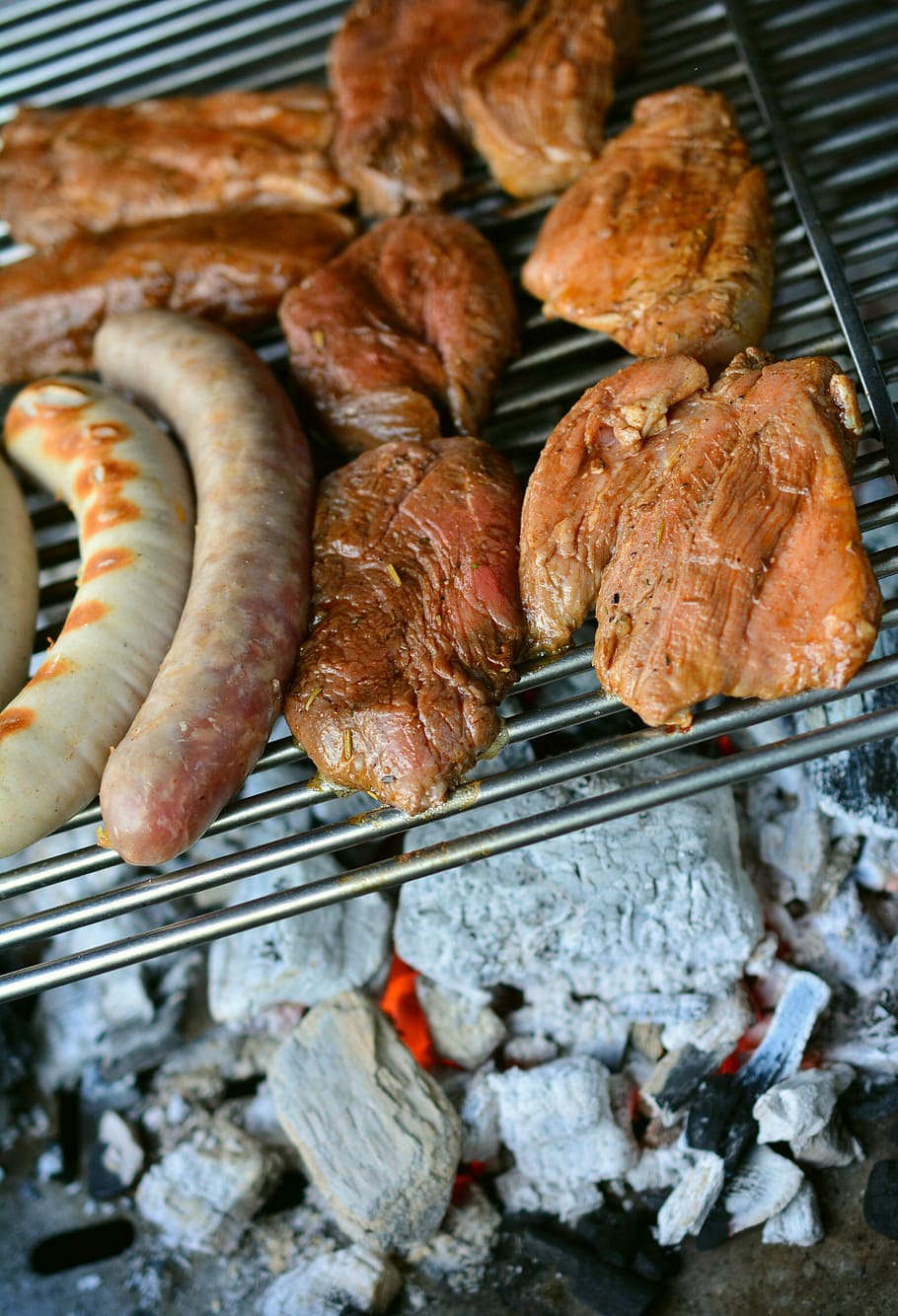Grilling, Sausage, Meat, Barbecue, sausage meat, grill sausage, sizzle, heat, embers, charcoal