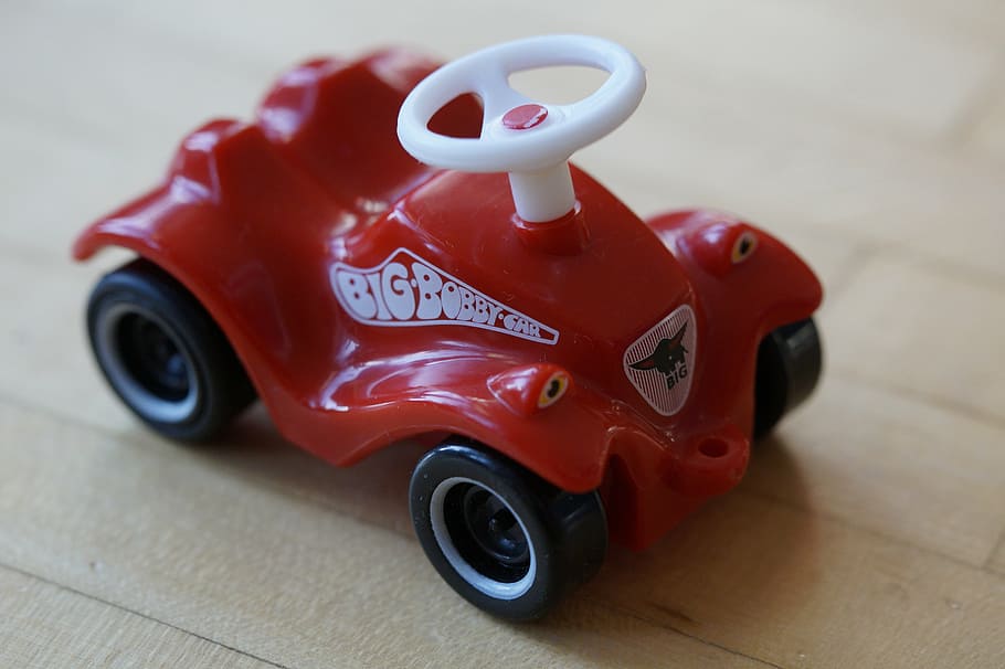 bobby car, auto, friction car, slide car, children, child, miniature, miniature car, replica, red