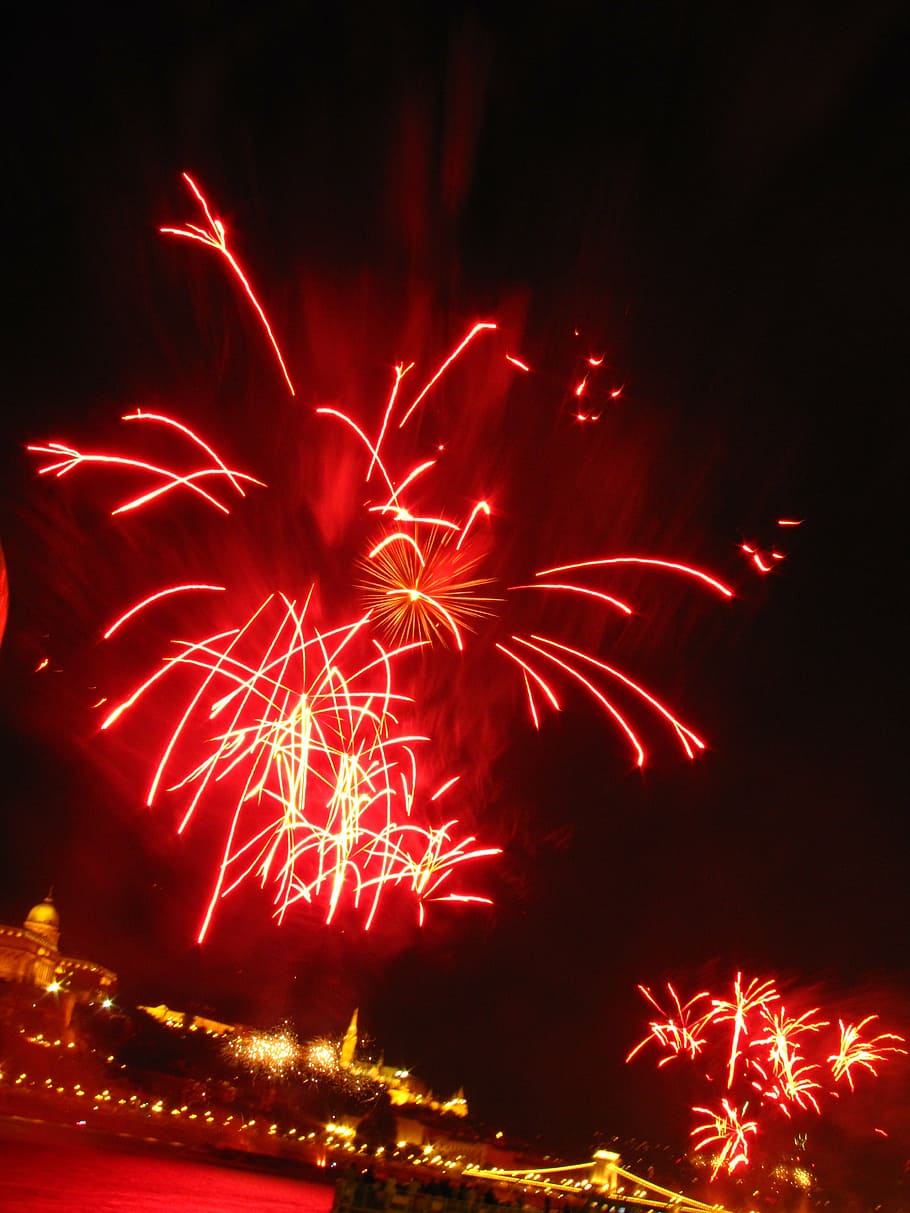 fogos de artifício, férias, luz, bom, castelo buda, fogo de artifício, celebração, noite, movimento, iluminado