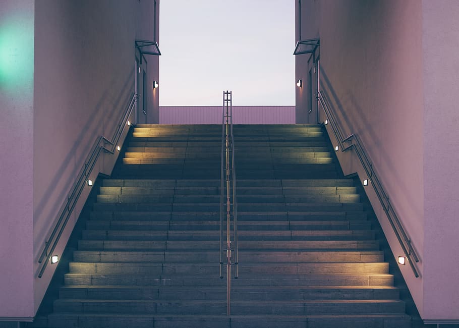 stairs, steps, symmetry, dark, dusk, lights, rails, staircase, steps and staircases, architecture