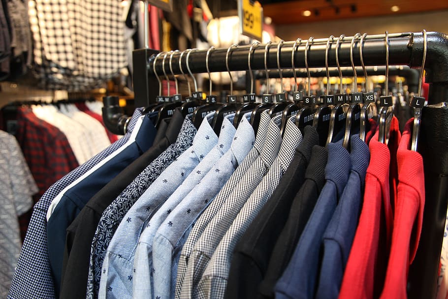 dress, shirt, department store, rack, hanger, wardrobe, shopping, choice, clothing, variation