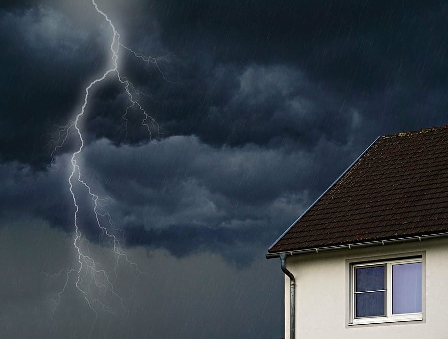 lightning strikes, house, weather, thunderstorm, weather mood, clouds, storm, natural phenomenon, storm clouds, flashes