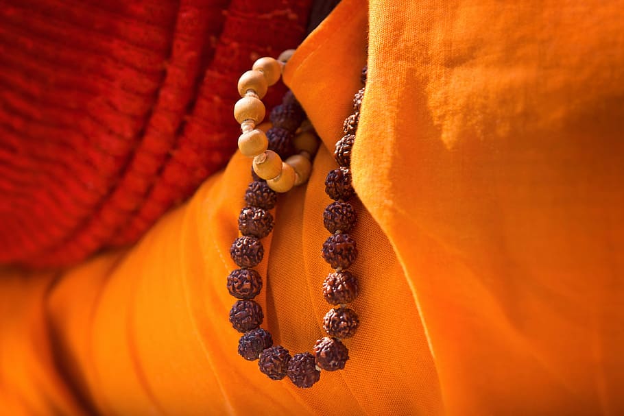 close, brow, beaded, accessory, orange, textile, close up, holy, india, asia