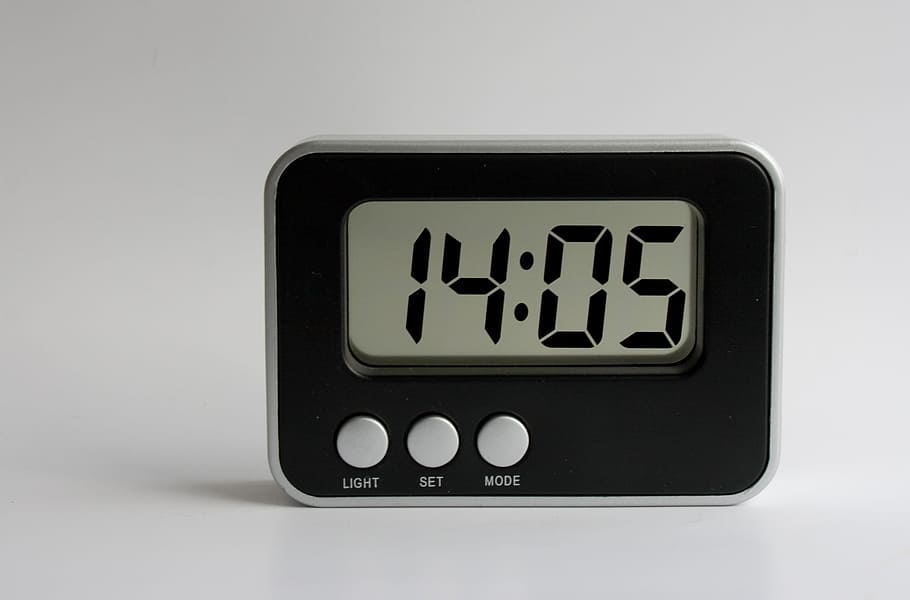 rectangular, black, white, digital, clock, displaying, 14:05, alarm clock, brick, clock face