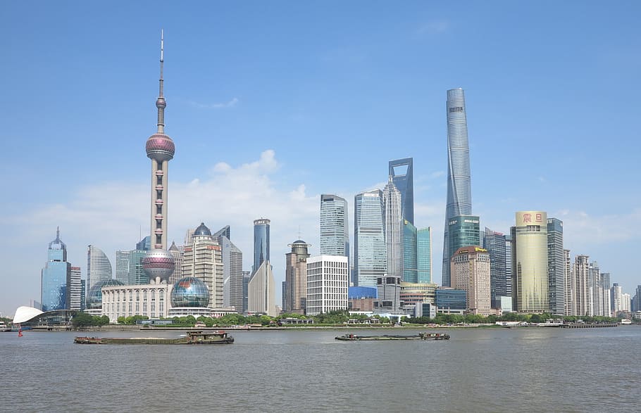 arsitektur, kota, langit, pencakar langit, kaki langit, shanghai, bund, cityscape, bangunan, menara