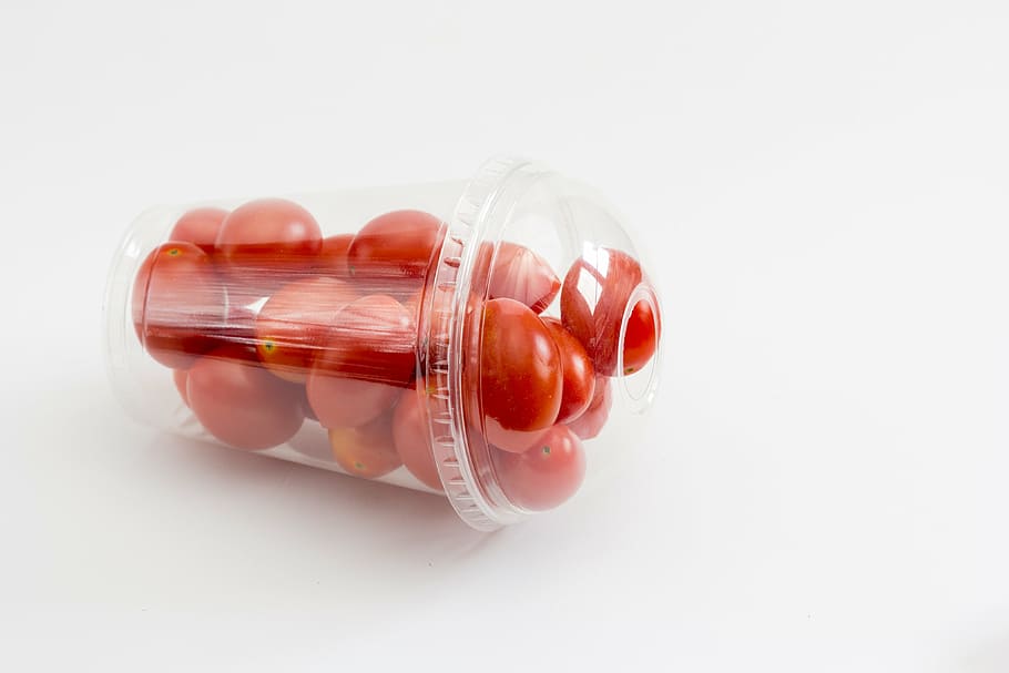 tomates, cereza, tomates cherry, tarrina, presentación, comercio, plástico, contenedor, blister, fondo blanco