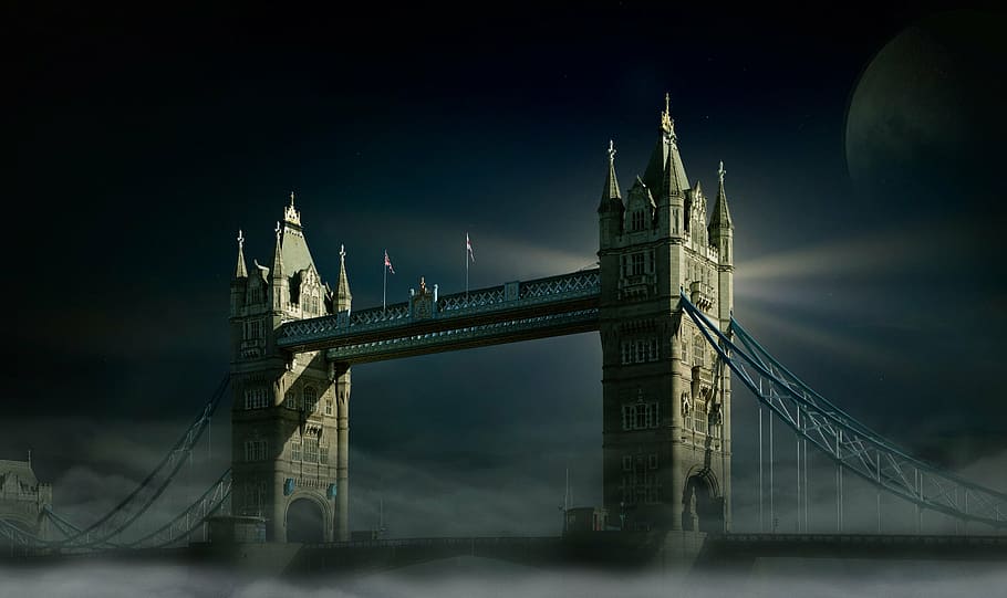 photography of bridge, tower bridge, london, moon, fog, sky, luna, full moon, moonlight, lighthouse