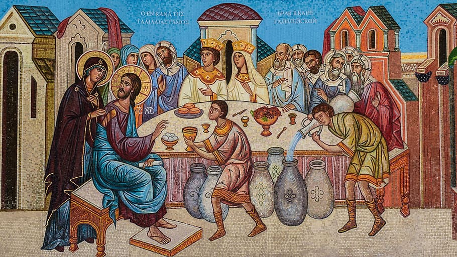 jesucristo, sentado, marrón, silla, mesa, matrimonio en cana, detalle, mosaico, iconografía, iglesia rusa