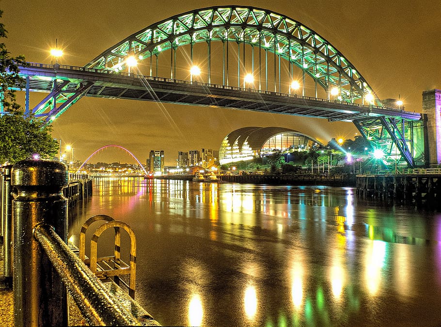 lighted, green, bridge, night time, Newcastle, Night, Lights, Reflection, night, lights, gateshead