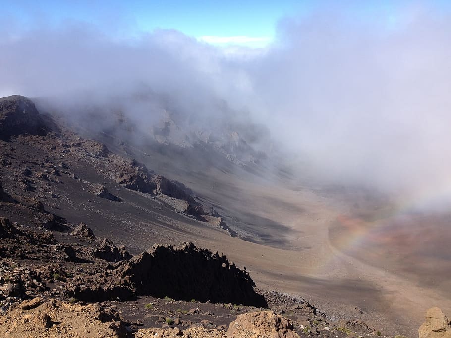 volcano crater, filled, smoke, daytime, mountain, cloud, mist, craggy, rainbow, high