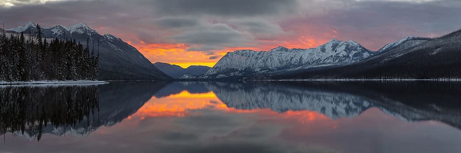 sea photography, sunset, landscape, apgar mountains, glacier national park, montana, usa, twilight, evening, clouds