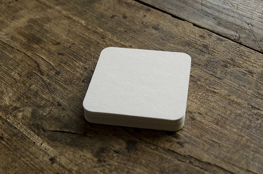 square, white, card, brown, wooden, board, beer coasters, blank, drink, table