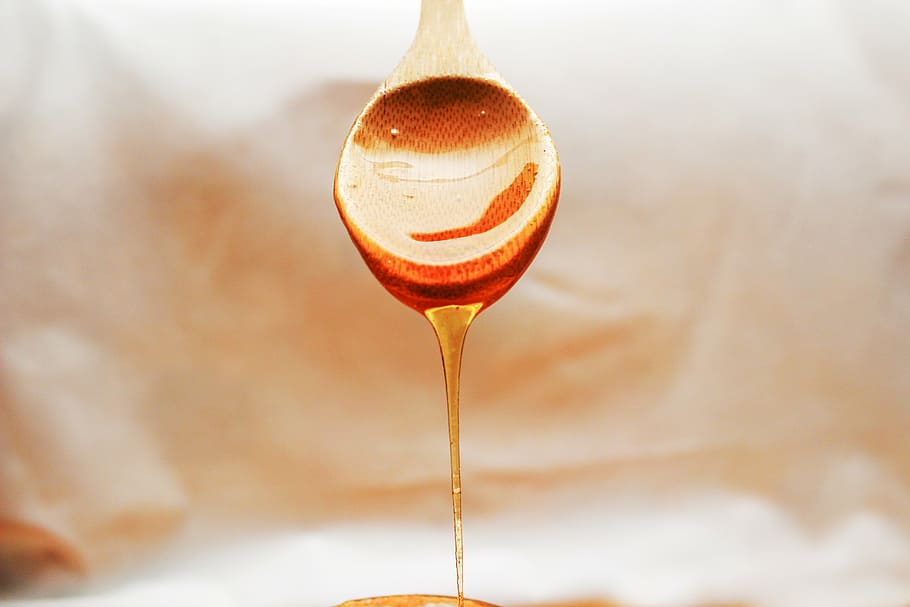 selective, photography, dropped, honey, flowing, spoon, doré, liquid, yellow, health