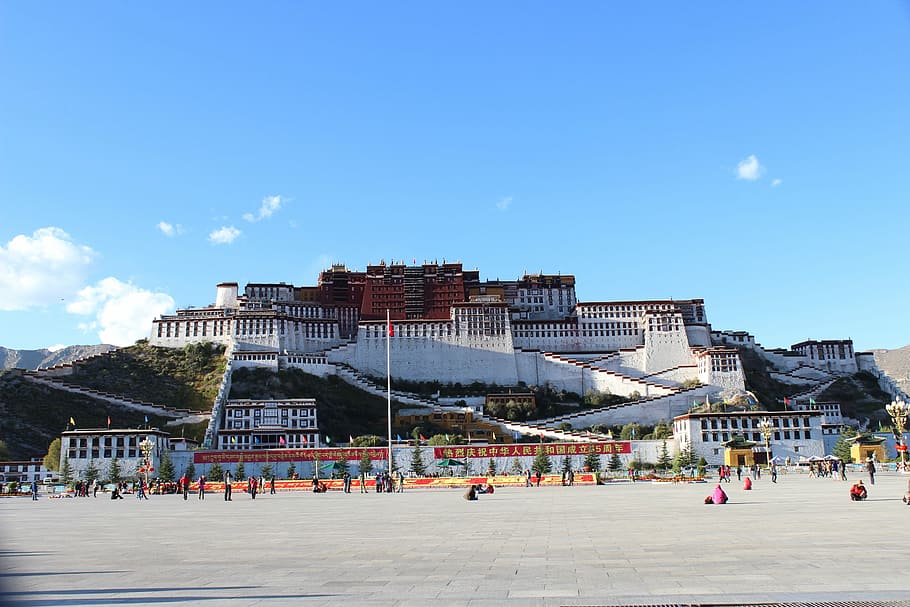 Tibet, Istana Potala, Cina, Lhasa, pemandangan, bangunan, pantai, orang-orang tak terduga, pasir, sekelompok besar orang
