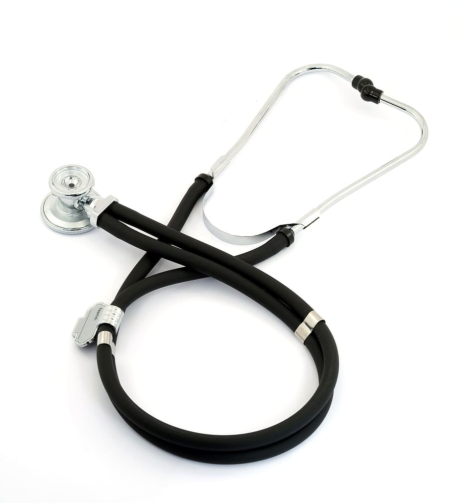 hitam, stetoskop perak, peralatan medis, dokter, peralatan, kesehatan, latar belakang putih, foto studio, objek tunggal, di dalam ruangan
