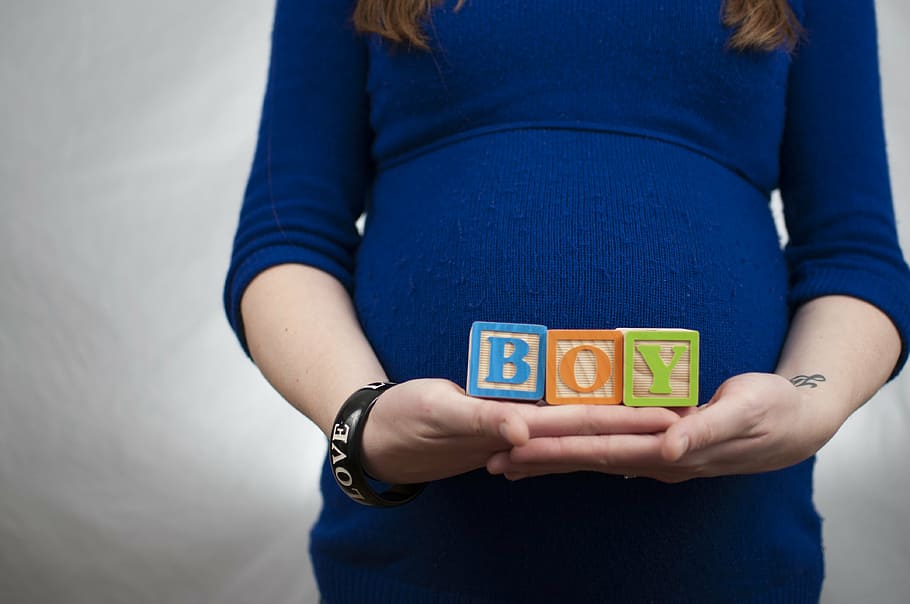 pregnant, woman, holding, boy block, front, tummy, alphabet blocks, hands, mother, pregnancy