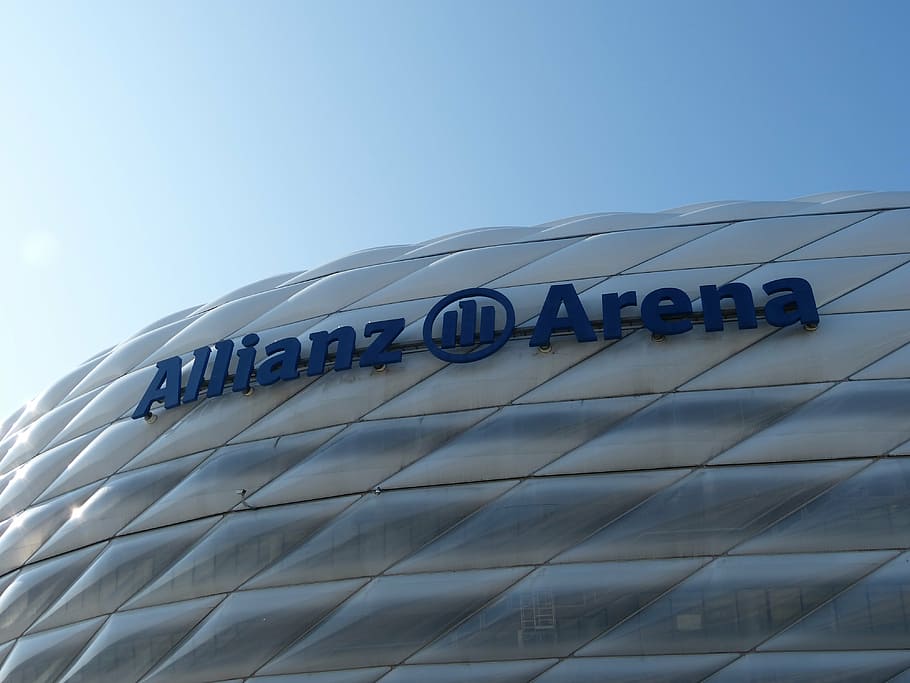 allianz arena, germany, sport, stadium, sky, text, low angle view, architecture, clear sky, communication
