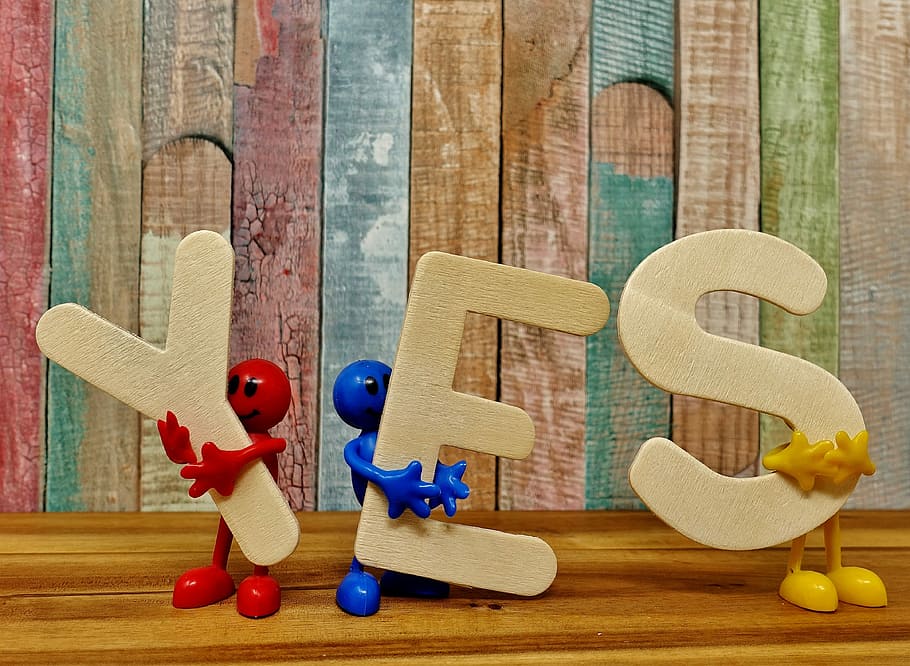 figures, holding, freestanding letters, yes, agree, allow, positive, thumbs up, males, funny