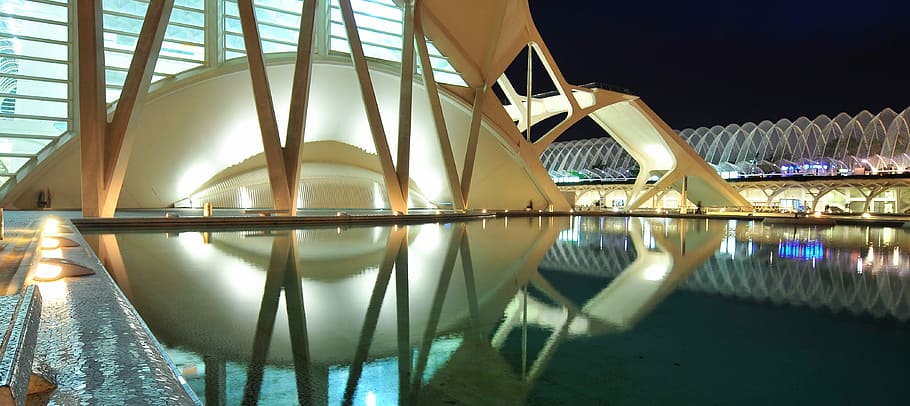 architecture, santiago calatrava, Architecture, Santiago Calatrava, reflection, water, pond, city, tourism, spain, valencia
