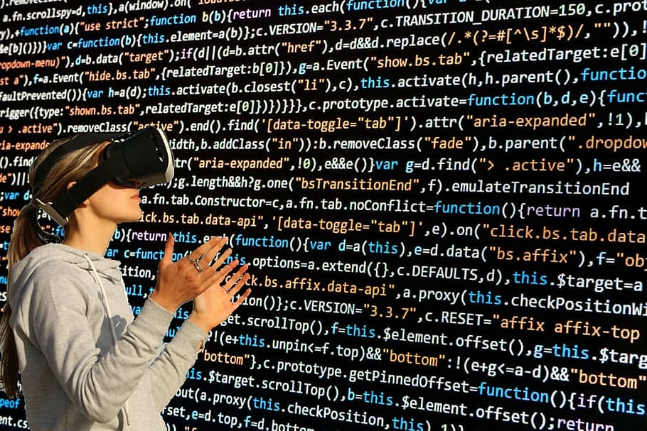woman, wearing, gray, pullover hoodie, virtual, reality headset, cyber glasses, virtual world, virtual glasses, data