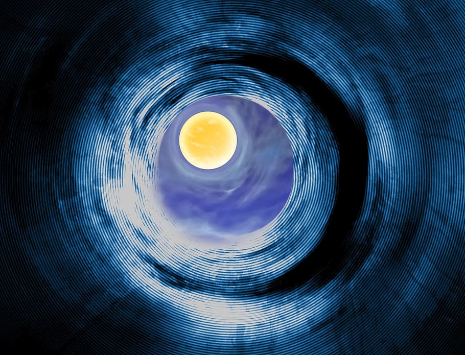 tunnel, wormhole, spacetime, planet, moon, light, space, transition, graphics, fantastic
